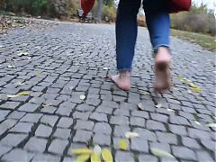 Dirty feet in park get cleaned by a stranger, POV