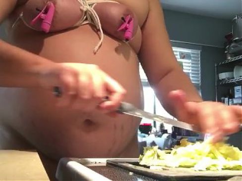 Prepping dinner while in bondage