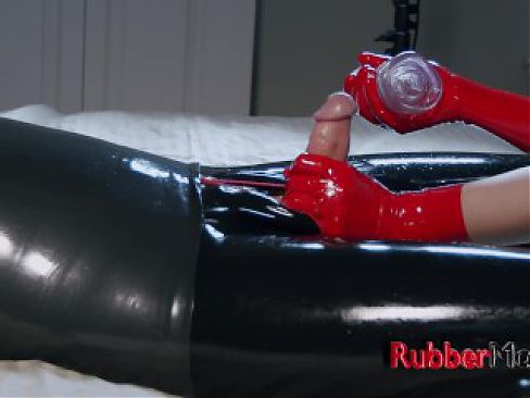 Girl in Latex Gloves Strokes Her BFs cock with a Toy (Slow Motion Video)