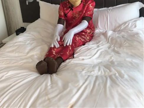Zentai in mandarin dress with satin gloves